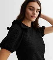 New Look Black Textured Frill Shoulder Puff Sleeve T-Shirt